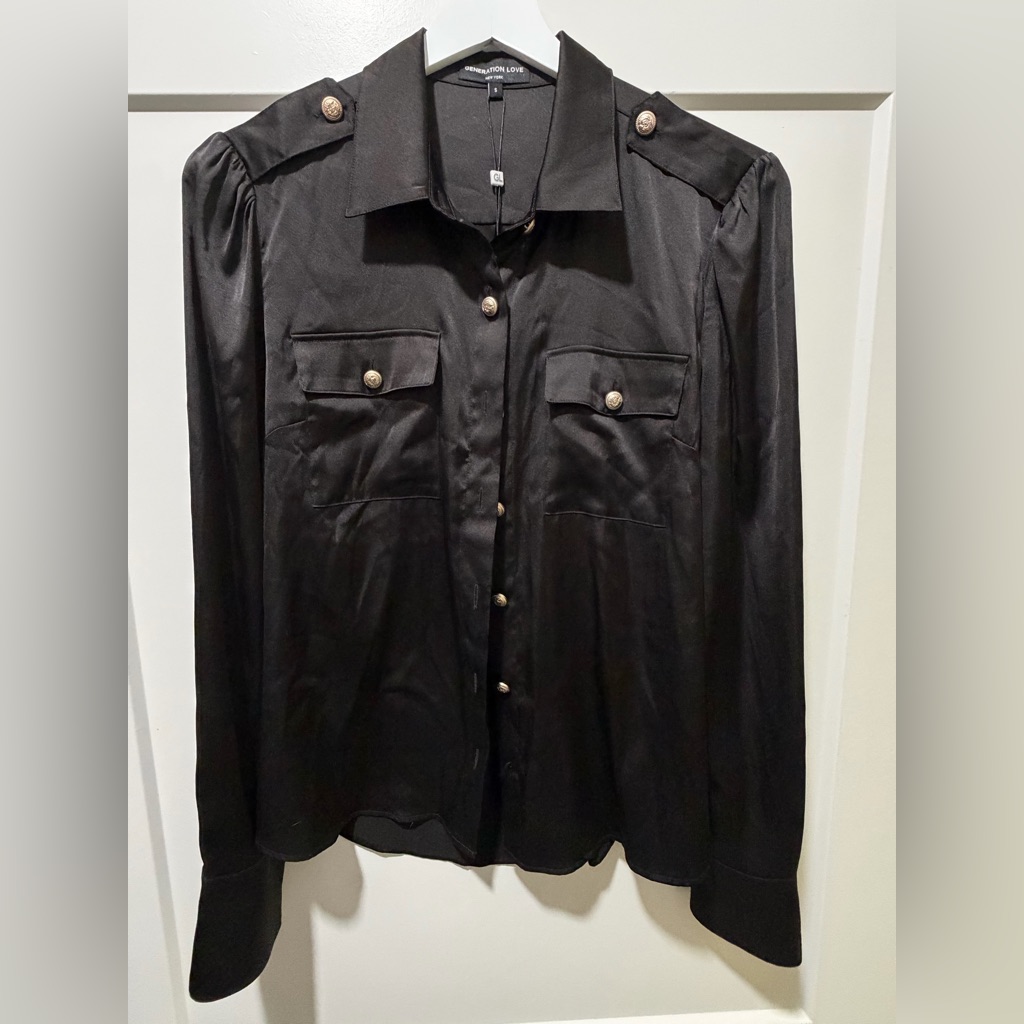 Generation Love Black Satin Button-Up Blouse With Pocket Details
